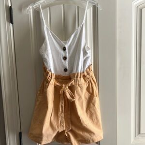 White and Beige Button-Front Jumpsuit